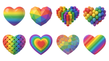 Colorful rainbow heart set including glossy, geometric, voxel, balloon, woven, and mosaic variants isolated. LGBTQ pride and love symbol collection.
