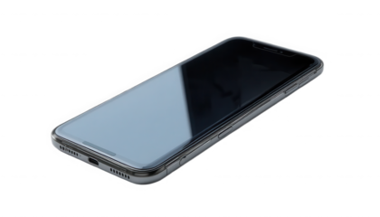 Sleek modern smartphone design featuring a dark reflective screen and metallic casing photographed at an angle on transparent background