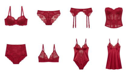 Red lace lingerie set including bra, panty, garter belt, corset, bralette, bodysuit, and chemise isolated. Luxury romantic apparel and sleepwear collection.