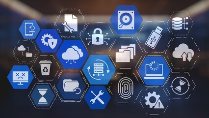 Naklejka premium Data recovery icons show backup, data recovery process, and secure restoration. Data recovery ensures system reliability, data recovery protection, and information access. Gist