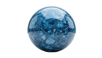 Stunning photorealistic render of a glossy blue glass sphere containing shards of ice or fractured crystal structures on transparent background