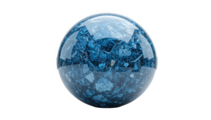 Stunning photorealistic render of a glossy blue glass sphere containing shards of ice or fractured crystal structures on transparent background