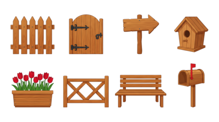Wooden garden object set including fence, gate, arrow sign, birdhouse, flower box, lattice, bench, and mailbox isolated. Backyard and landscaping equipment collection.