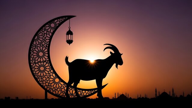 Eid Al-Adha Sacrifice Concept with Goat Silhouette and Large Decorative Moon