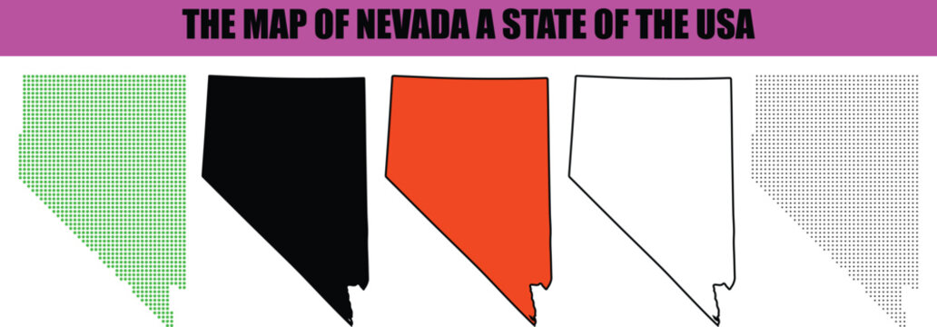 Silhouette, line art, dot, dotted, star art Five detailed vector illustrations showcasing the distinct geographical shape of Nevada state in the United States of America with various design styles map