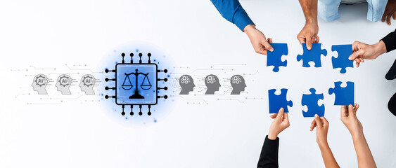 A group of diverse hands collaborating to fit puzzle pieces together, symbolizing teamwork and problem-solving in the context of technology and law, showcasing innovation. Trope
