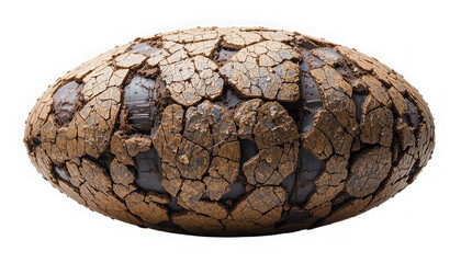 Detailed close up of an ancient oval artifact or sphere covered in dry cracked earth texture isolated on transparent background