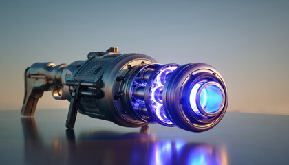 Futuristic energy-powered rifle weapon with rotating plasma chamber and bright blue light emission