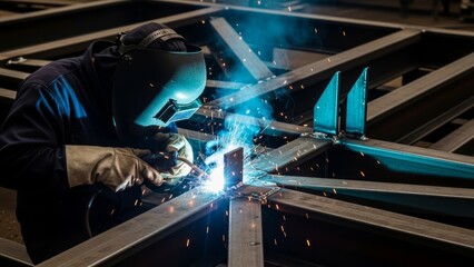 Skilled worker performing arc welding on robust metal construction beams, generating bright sparks in a dynamic industrial fabrication environment, showcasing precision and craftsmanship