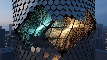 A futuristic building with a unique honeycomb design and vibrant lights at dusk in the city