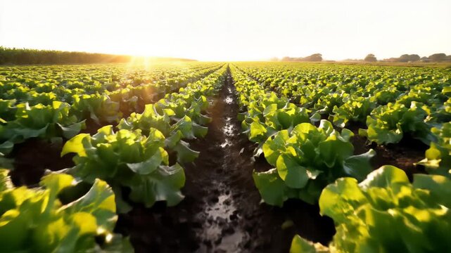 Rows of Verdant Lettuce Plants Bathed in Golden Sunlight Across a Vast Agricultural Field During Sunrise