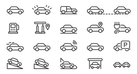Simple line icons depicting various transportation themes including cars parking charging and road features high quality © MOHAMMAD