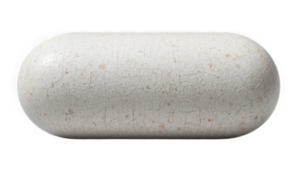 Extreme close up of a weathered white capsule with severe cracking and aged texture on transparent background