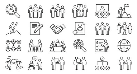Line art icons depicting teamwork leadership recruitment meetings and business strategy are showcased in this illustration