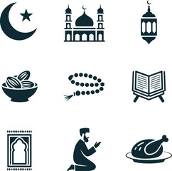 Essential symbols and traditions of islam depicted in a comprehensive icon set