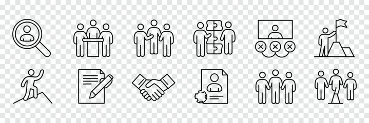Line art icons illustrating recruitment human resources team building and professional success concepts are displayed