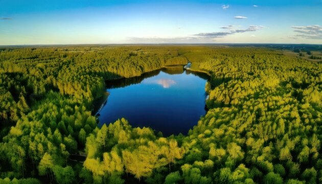 Aerial View of a Serene Lake Surrounded by Lush Green Forest.