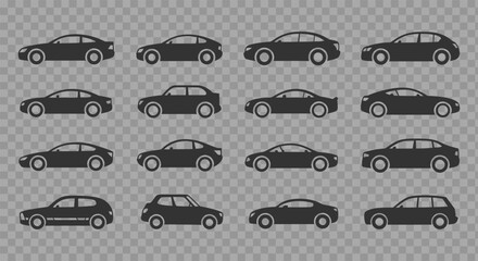 Collection of different car silhouettes presented in a flat design style against a transparent background