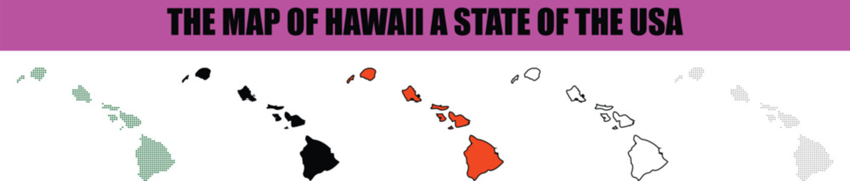 Silhouette, line art, dot, dotted, star art Stylized vector maps of the beautiful Hawaiian archipelago a popular island state of the United States showcasing diverse graphic designs for geographical 