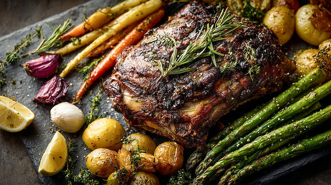 French agno pascal, roast leg of lamb in the center, surrounded by roasted spring vegetables and lemon wedges, a festive mood.