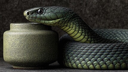 Fototapeta premium Green Snake Wrapped Around Stone Vase in Artistic Composition