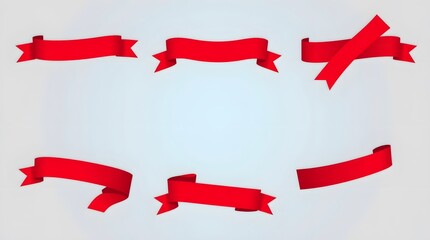 Red Ribbon Banner Set &ndash; 6 Curved and Folded Variations on Light Blue Background for Graphic Design