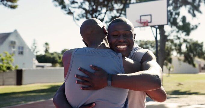 Outdoor, father and son with hug after game or fitness, playing and memory in nature. Sports, exercise and happiness of black people with caring, proud and bonding with smile in basketball court