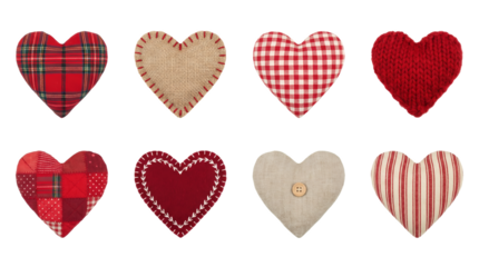 Heart fabric set including plaid, burlap, gingham, knitted, patchwork, and striped textile shapes. Valentine decoration and sewing handicraft collection.