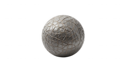 Detailed render of a metallic sphere featuring a complex fractured mosaic surface texture isolated on transparent background