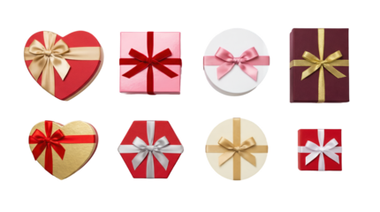 Gift box set including heart, square, round, and hexagon shapes with ribbons isolated. Valentine, holiday, and celebration present collection.