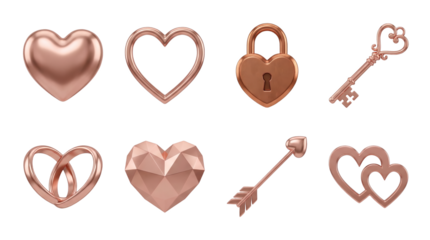 Rose gold heart set including lock, key, arrow, rings, and faceted shapes isolated. Romantic jewelry and wedding decoration collection.