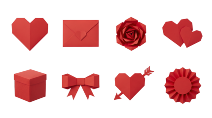 Red origami paper set including heart, envelope, rose, box, bow, and arrow shapes isolated. Valentines day and romantic decoration collection.