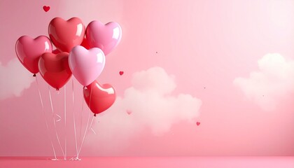 Floating heart balloons in pink sky with clouds showcasing romantic whimsy and festive Valentine&rsquo;s Day charm