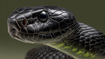 Naklejka premium Close-Up of a Black Snake with Glossy Scales and Intriguing Eyes