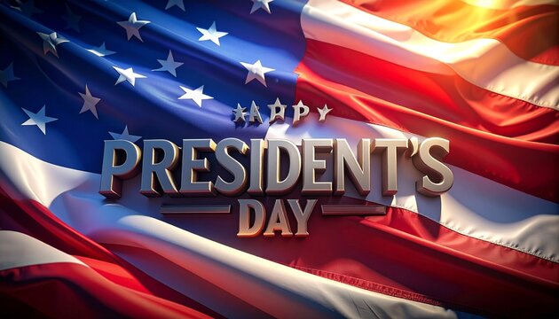 President&rsquo;s Day banner with waving American flag and metallic text celebrating U.S. leadership and national pride
