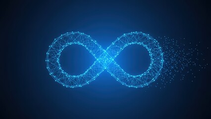 Digital infinity symbol formed by glowing connected points against a dark blue background with physics elements