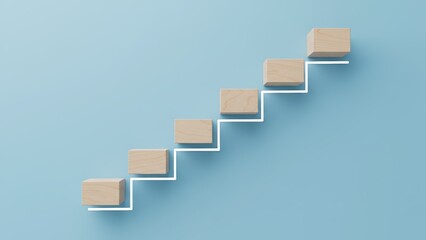 Wooden blocks arranged in a stair progression with a white strategy generic illustrating continuous learning and progress.