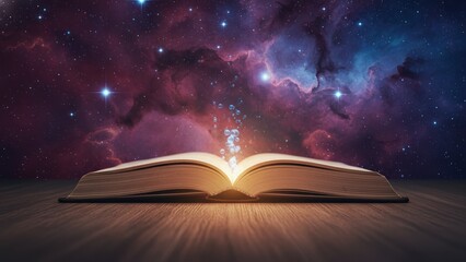 Open book glowing with magic and bubbles against a cosmic backdrop inspiring imagination and narrative wonder. © tonstock
