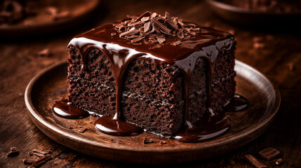 Decadent chocolate cake square with glossy ganache drip and cocoa shavings on rustic plate: Dark moody food photography for gourmet dessert menus, bakery promotions and indulgence storytelling.