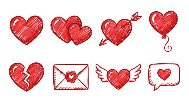 Red heart sketch set including broken, winged, balloon, and envelope variants isolated. Hand drawn romantic valentine collection.