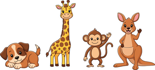 Cute cartoon animals row, puppy giraffe monkey kangaroo, waving friendly characters, kids illustration, animal recognition concept, flat vector illustration © RuhulAmin