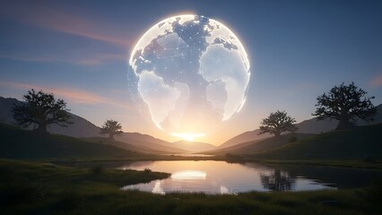 Fototapeta premium Dreamlike Moonrise Over Lake – Tranquil Nature Landscape Reflection