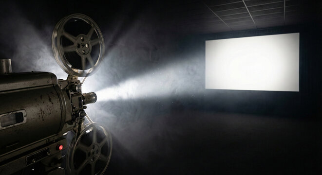 Vintage Film Projector Projecting Light on Blank White Cinema Screen