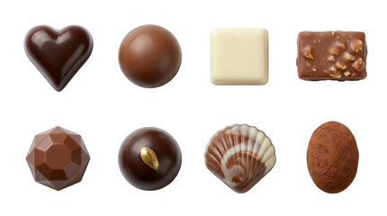 Obraz premium Assorted chocolate praline set including heart, shell, truffle, nut, and white candy varieties isolated. Luxury confectionery and dessert collection.