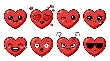 Red heart emoji set including happy, in love, winking, crying, laughing, surprised, angry, and cool expressions isolated. Romantic character and emotion collection.