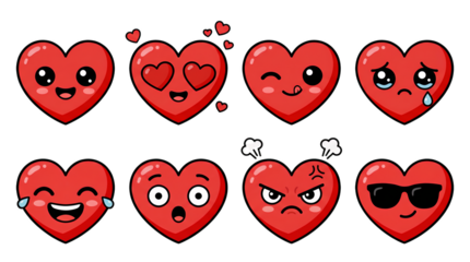 Red heart emoji set including happy, in love, winking, crying, laughing, surprised, angry, and cool expressions isolated. Romantic character and emotion collection.