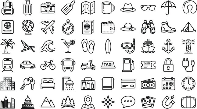 Travel icon set, vacation and transportation symbols, leisure gear and planning tools for tourism - flat vector illustration
