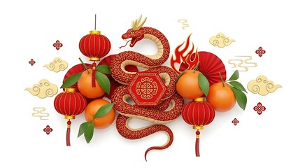 A detailed Chinese New Year celebration scene centered on an isolated white background, featuring traditional red lanterns glowing warmly, golden fu characters symbolizing blessings, horse fire