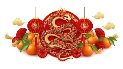 A detailed Chinese New Year celebration scene centered on an isolated white background, featuring traditional red lanterns glowing warmly, golden fu characters symbolizing blessings, horse fire