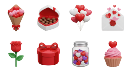 Valentine's day set including heart bouquet, chocolate box, balloons, envelope, rose, gift, candy jar, and cupcake isolated. Romantic celebration and anniversary collection.